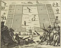 An illustration from Gedenkwaerdig bedryf der Nederlandsche Oost-Indische Maetschappye, op de kuste en in het keizerrijk van Taising of Sina : behelzende het tweede gezandschap aen den onder-koning Singlamong en veldheer Taising Lipoui, door Jan van Kampen en Konstantyn Nobel : vervolgt met een verhael van het voorgevallen des jaers zestien hondert drie en vier en zestig, op de kuste van Sina, en ontrent d'eilanden Tayowan, Formosa, Ay en Quemuy, onder't gezag van Balthasar Bort : en het derde gezandschap aen Konchy, Tartarsche keizer van Sina en Oost-Tartarye : onder beleit van zijne ed. Pieter van Hoorn : beneffens een beschryving van geheel Sina : verçiert doorgaens met verscheide kopere platen (1670)