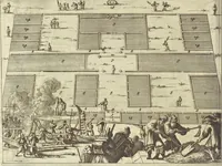 An illustration from Gedenkwaerdig bedryf der Nederlandsche Oost-Indische Maetschappye, op de kuste en in het keizerrijk van Taising of Sina : behelzende het tweede gezandschap aen den onder-koning Singlamong en veldheer Taising Lipoui, door Jan van Kampen en Konstantyn Nobel : vervolgt met een verhael van het voorgevallen des jaers zestien hondert drie en vier en zestig, op de kuste van Sina, en ontrent d'eilanden Tayowan, Formosa, Ay en Quemuy, onder't gezag van Balthasar Bort : en het derde gezandschap aen Konchy, Tartarsche keizer van Sina en Oost-Tartarye : onder beleit van zijne ed. Pieter van Hoorn : beneffens een beschryving van geheel Sina : verçiert doorgaens met verscheide kopere platen (1670)