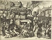 An illustration from Gedenkwaerdig bedryf der Nederlandsche Oost-Indische Maetschappye, op de kuste en in het keizerrijk van Taising of Sina : behelzende het tweede gezandschap aen den onder-koning Singlamong en veldheer Taising Lipoui, door Jan van Kampen en Konstantyn Nobel : vervolgt met een verhael van het voorgevallen des jaers zestien hondert drie en vier en zestig, op de kuste van Sina, en ontrent d'eilanden Tayowan, Formosa, Ay en Quemuy, onder't gezag van Balthasar Bort : en het derde gezandschap aen Konchy, Tartarsche keizer van Sina en Oost-Tartarye : onder beleit van zijne ed. Pieter van Hoorn : beneffens een beschryving van geheel Sina : verçiert doorgaens met verscheide kopere platen (1670)
