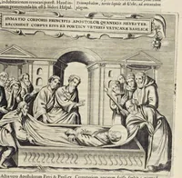An illustration from Roma subterranea novissima : in qva post Antonivm Bosivm antesignanvm, Jo. Severanum congreg. oratorii presbyterum, et celebres alios scriptores : antiqvua Christianorum et praecipue martyrum cœmeteria, tituli, monimenta, epitaphia, inscriptiones ac nobiliora sanctorum sepulchra : sex libris distincta illustrantur et quamplurimæ res ecclesiasticæ iconibus graphice describuntur, ac multiplici tum sacra, tum profana eruditione declarantur : cum duplici indice, capitum & rerum locupletissimo : opera et studio (1659)