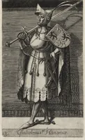 Picture 20 of 31 from Principes Hollandiae et Zelandiae, domini Frisiae : cvm genuinis ipsorum iconibus, à Theodorico Aquitaniae ad Iacobam Bauariae, diuersorum quondam pictorum opera, ad viuum sedulò depictis : nunc autem primum ex vetustissimis parietibus, in Carmelo obsessae vrbis Harlemi, per praesidiarios direpto, industria Guilielmi Thybauti repertis, ac sincerè vnà cum reliquorum principum figuris, ad instar probatissimorum exemplarium delineatis (1578), leaf 124