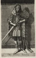 An illustration from Principes Hollandiae et Zelandiae, domini Frisiae : cvm genuinis ipsorum iconibus, à Theodorico Aquitaniae ad Iacobam Bauariae, diuersorum quondam pictorum opera, ad viuum sedulò depictis : nunc autem primum ex vetustissimis parietibus, in Carmelo obsessae vrbis Harlemi, per praesidiarios direpto, industria Guilielmi Thybauti repertis, ac sincerè vnà cum reliquorum principum figuris, ad instar probatissimorum exemplarium delineatis (1578)