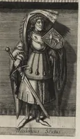 An illustration from Principes Hollandiae et Zelandiae, domini Frisiae : cvm genuinis ipsorum iconibus, à Theodorico Aquitaniae ad Iacobam Bauariae, diuersorum quondam pictorum opera, ad viuum sedulò depictis : nunc autem primum ex vetustissimis parietibus, in Carmelo obsessae vrbis Harlemi, per praesidiarios direpto, industria Guilielmi Thybauti repertis, ac sincerè vnà cum reliquorum principum figuris, ad instar probatissimorum exemplarium delineatis (1578)