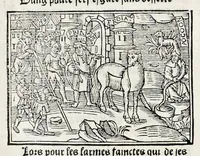 An illustration from Les oeuures de Virgile : translatees de latin en francoys, et nouuellement imprimees, veues et corrigees oultre les precedentes impressions : avec les histoires mises [et] posees chascune en son lieu, ainsi que lon pourra veoir dedans le liure, lesquelles sont moult recreatiues (1540)