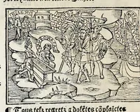 An illustration from Les oeuures de Virgile : translatees de latin en francoys, et nouuellement imprimees, veues et corrigees oultre les precedentes impressions : avec les histoires mises [et] posees chascune en son lieu, ainsi que lon pourra veoir dedans le liure, lesquelles sont moult recreatiues (1540)