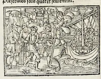 An illustration from Les oeuures de Virgile : translatees de latin en francoys, et nouuellement imprimees, veues et corrigees oultre les precedentes impressions : avec les histoires mises [et] posees chascune en son lieu, ainsi que lon pourra veoir dedans le liure, lesquelles sont moult recreatiues (1540)
