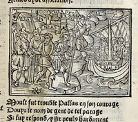 An illustration from Les oeuures de Virgile : translatees de latin en francoys, et nouuellement imprimees, veues et corrigees oultre les precedentes impressions : avec les histoires mises [et] posees chascune en son lieu, ainsi que lon pourra veoir dedans le liure, lesquelles sont moult recreatiues (1540)