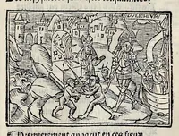 An illustration from Les oeuures de Virgile : translatees de latin en francoys, et nouuellement imprimees, veues et corrigees oultre les precedentes impressions : avec les histoires mises [et] posees chascune en son lieu, ainsi que lon pourra veoir dedans le liure, lesquelles sont moult recreatiues (1540)