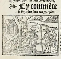 An illustration from Les oeuures de Virgile : translatees de latin en francoys, et nouuellement imprimees, veues et corrigees oultre les precedentes impressions : avec les histoires mises [et] posees chascune en son lieu, ainsi que lon pourra veoir dedans le liure, lesquelles sont moult recreatiues (1540)