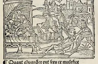 An illustration from Les oeuures de Virgile : translatees de latin en francoys, et nouuellement imprimees, veues et corrigees oultre les precedentes impressions : avec les histoires mises [et] posees chascune en son lieu, ainsi que lon pourra veoir dedans le liure, lesquelles sont moult recreatiues (1540)