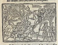 An illustration from Les oeuures de Virgile : translatees de latin en francoys, et nouuellement imprimees, veues et corrigees oultre les precedentes impressions : avec les histoires mises [et] posees chascune en son lieu, ainsi que lon pourra veoir dedans le liure, lesquelles sont moult recreatiues (1540)