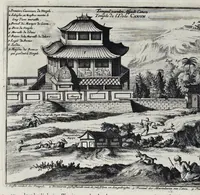 Picture 6 of 43 from Gedenkwaerdige gesantschappen der Oost-Indische maatschappy in't Vereenigde Nederland, aan de kaisaren van Japan : vervatende wonderlyke voorvallen op de togt der Nederlandtsche gesanten : beschryving van de dorpen, sterkten, steden, landtschappen, tempels, gods-diensten, dragten, gebouwen, dieren, gewasschen, bergen, fonteinen, vereeuwde en nieuwe oorlogs-daaden der Japanders : verçiert met een groot getal afbeeldsels in Japan geteikent : getrokken uit de geschriften en reis-aanteikeningen der zelve gesanten (1669), leaf 101