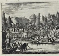 Picture 7 of 43 from Gedenkwaerdige gesantschappen der Oost-Indische maatschappy in't Vereenigde Nederland, aan de kaisaren van Japan : vervatende wonderlyke voorvallen op de togt der Nederlandtsche gesanten : beschryving van de dorpen, sterkten, steden, landtschappen, tempels, gods-diensten, dragten, gebouwen, dieren, gewasschen, bergen, fonteinen, vereeuwde en nieuwe oorlogs-daaden der Japanders : verçiert met een groot getal afbeeldsels in Japan geteikent : getrokken uit de geschriften en reis-aanteikeningen der zelve gesanten (1669), leaf 105