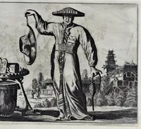 An illustration from Gedenkwaerdige gesantschappen der Oost-Indische maatschappy in't Vereenigde Nederland, aan de kaisaren van Japan : vervatende wonderlyke voorvallen op de togt der Nederlandtsche gesanten : beschryving van de dorpen, sterkten, steden, landtschappen, tempels, gods-diensten, dragten, gebouwen, dieren, gewasschen, bergen, fonteinen, vereeuwde en nieuwe oorlogs-daaden der Japanders : verçiert met een groot getal afbeeldsels in Japan geteikent : getrokken uit de geschriften en reis-aanteikeningen der zelve gesanten (1669)
