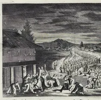 Picture 11 of 43 from Gedenkwaerdige gesantschappen der Oost-Indische maatschappy in't Vereenigde Nederland, aan de kaisaren van Japan : vervatende wonderlyke voorvallen op de togt der Nederlandtsche gesanten : beschryving van de dorpen, sterkten, steden, landtschappen, tempels, gods-diensten, dragten, gebouwen, dieren, gewasschen, bergen, fonteinen, vereeuwde en nieuwe oorlogs-daaden der Japanders : verçiert met een groot getal afbeeldsels in Japan geteikent : getrokken uit de geschriften en reis-aanteikeningen der zelve gesanten (1669), leaf 139