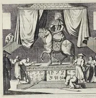 Picture 13 of 43 from Gedenkwaerdige gesantschappen der Oost-Indische maatschappy in't Vereenigde Nederland, aan de kaisaren van Japan : vervatende wonderlyke voorvallen op de togt der Nederlandtsche gesanten : beschryving van de dorpen, sterkten, steden, landtschappen, tempels, gods-diensten, dragten, gebouwen, dieren, gewasschen, bergen, fonteinen, vereeuwde en nieuwe oorlogs-daaden der Japanders : verçiert met een groot getal afbeeldsels in Japan geteikent : getrokken uit de geschriften en reis-aanteikeningen der zelve gesanten (1669), leaf 155