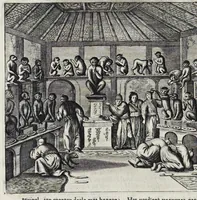Picture 17 of 43 from Gedenkwaerdige gesantschappen der Oost-Indische maatschappy in't Vereenigde Nederland, aan de kaisaren van Japan : vervatende wonderlyke voorvallen op de togt der Nederlandtsche gesanten : beschryving van de dorpen, sterkten, steden, landtschappen, tempels, gods-diensten, dragten, gebouwen, dieren, gewasschen, bergen, fonteinen, vereeuwde en nieuwe oorlogs-daaden der Japanders : verçiert met een groot getal afbeeldsels in Japan geteikent : getrokken uit de geschriften en reis-aanteikeningen der zelve gesanten (1669), leaf 181
