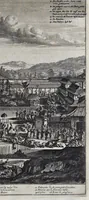 An illustration from Gedenkwaerdige gesantschappen der Oost-Indische maatschappy in't Vereenigde Nederland, aan de kaisaren van Japan : vervatende wonderlyke voorvallen op de togt der Nederlandtsche gesanten : beschryving van de dorpen, sterkten, steden, landtschappen, tempels, gods-diensten, dragten, gebouwen, dieren, gewasschen, bergen, fonteinen, vereeuwde en nieuwe oorlogs-daaden der Japanders : verçiert met een groot getal afbeeldsels in Japan geteikent : getrokken uit de geschriften en reis-aanteikeningen der zelve gesanten (1669)