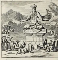 Picture 19 of 43 from Gedenkwaerdige gesantschappen der Oost-Indische maatschappy in't Vereenigde Nederland, aan de kaisaren van Japan : vervatende wonderlyke voorvallen op de togt der Nederlandtsche gesanten : beschryving van de dorpen, sterkten, steden, landtschappen, tempels, gods-diensten, dragten, gebouwen, dieren, gewasschen, bergen, fonteinen, vereeuwde en nieuwe oorlogs-daaden der Japanders : verçiert met een groot getal afbeeldsels in Japan geteikent : getrokken uit de geschriften en reis-aanteikeningen der zelve gesanten (1669), leaf 207