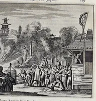 Picture 22 of 43 from Gedenkwaerdige gesantschappen der Oost-Indische maatschappy in't Vereenigde Nederland, aan de kaisaren van Japan : vervatende wonderlyke voorvallen op de togt der Nederlandtsche gesanten : beschryving van de dorpen, sterkten, steden, landtschappen, tempels, gods-diensten, dragten, gebouwen, dieren, gewasschen, bergen, fonteinen, vereeuwde en nieuwe oorlogs-daaden der Japanders : verçiert met een groot getal afbeeldsels in Japan geteikent : getrokken uit de geschriften en reis-aanteikeningen der zelve gesanten (1669), leaf 282