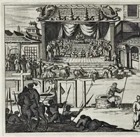 Picture 30 of 43 from Gedenkwaerdige gesantschappen der Oost-Indische maatschappy in't Vereenigde Nederland, aan de kaisaren van Japan : vervatende wonderlyke voorvallen op de togt der Nederlandtsche gesanten : beschryving van de dorpen, sterkten, steden, landtschappen, tempels, gods-diensten, dragten, gebouwen, dieren, gewasschen, bergen, fonteinen, vereeuwde en nieuwe oorlogs-daaden der Japanders : verçiert met een groot getal afbeeldsels in Japan geteikent : getrokken uit de geschriften en reis-aanteikeningen der zelve gesanten (1669), leaf 373