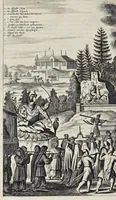 Picture 33 of 43 from Gedenkwaerdige gesantschappen der Oost-Indische maatschappy in't Vereenigde Nederland, aan de kaisaren van Japan : vervatende wonderlyke voorvallen op de togt der Nederlandtsche gesanten : beschryving van de dorpen, sterkten, steden, landtschappen, tempels, gods-diensten, dragten, gebouwen, dieren, gewasschen, bergen, fonteinen, vereeuwde en nieuwe oorlogs-daaden der Japanders : verçiert met een groot getal afbeeldsels in Japan geteikent : getrokken uit de geschriften en reis-aanteikeningen der zelve gesanten (1669), leaf 439