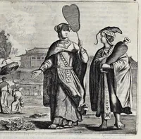 Picture 34 of 43 from Gedenkwaerdige gesantschappen der Oost-Indische maatschappy in't Vereenigde Nederland, aan de kaisaren van Japan : vervatende wonderlyke voorvallen op de togt der Nederlandtsche gesanten : beschryving van de dorpen, sterkten, steden, landtschappen, tempels, gods-diensten, dragten, gebouwen, dieren, gewasschen, bergen, fonteinen, vereeuwde en nieuwe oorlogs-daaden der Japanders : verçiert met een groot getal afbeeldsels in Japan geteikent : getrokken uit de geschriften en reis-aanteikeningen der zelve gesanten (1669), leaf 444