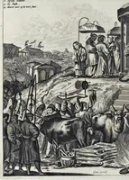 Picture 35 of 43 from Gedenkwaerdige gesantschappen der Oost-Indische maatschappy in't Vereenigde Nederland, aan de kaisaren van Japan : vervatende wonderlyke voorvallen op de togt der Nederlandtsche gesanten : beschryving van de dorpen, sterkten, steden, landtschappen, tempels, gods-diensten, dragten, gebouwen, dieren, gewasschen, bergen, fonteinen, vereeuwde en nieuwe oorlogs-daaden der Japanders : verçiert met een groot getal afbeeldsels in Japan geteikent : getrokken uit de geschriften en reis-aanteikeningen der zelve gesanten (1669), leaf 457