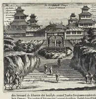 Picture 40 of 43 from Gedenkwaerdige gesantschappen der Oost-Indische maatschappy in't Vereenigde Nederland, aan de kaisaren van Japan : vervatende wonderlyke voorvallen op de togt der Nederlandtsche gesanten : beschryving van de dorpen, sterkten, steden, landtschappen, tempels, gods-diensten, dragten, gebouwen, dieren, gewasschen, bergen, fonteinen, vereeuwde en nieuwe oorlogs-daaden der Japanders : verçiert met een groot getal afbeeldsels in Japan geteikent : getrokken uit de geschriften en reis-aanteikeningen der zelve gesanten (1669), leaf 503