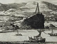Picture 42 of 43 from Gedenkwaerdige gesantschappen der Oost-Indische maatschappy in't Vereenigde Nederland, aan de kaisaren van Japan : vervatende wonderlyke voorvallen op de togt der Nederlandtsche gesanten : beschryving van de dorpen, sterkten, steden, landtschappen, tempels, gods-diensten, dragten, gebouwen, dieren, gewasschen, bergen, fonteinen, vereeuwde en nieuwe oorlogs-daaden der Japanders : verçiert met een groot getal afbeeldsels in Japan geteikent : getrokken uit de geschriften en reis-aanteikeningen der zelve gesanten (1669), leaf 537