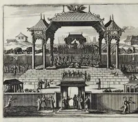 Picture 3 of 43 from Gedenkwaerdige gesantschappen der Oost-Indische maatschappy in't Vereenigde Nederland, aan de kaisaren van Japan : vervatende wonderlyke voorvallen op de togt der Nederlandtsche gesanten : beschryving van de dorpen, sterkten, steden, landtschappen, tempels, gods-diensten, dragten, gebouwen, dieren, gewasschen, bergen, fonteinen, vereeuwde en nieuwe oorlogs-daaden der Japanders : verçiert met een groot getal afbeeldsels in Japan geteikent : getrokken uit de geschriften en reis-aanteikeningen der zelve gesanten (1669), leaf 55