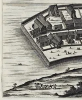 Picture 4 of 43 from Gedenkwaerdige gesantschappen der Oost-Indische maatschappy in't Vereenigde Nederland, aan de kaisaren van Japan : vervatende wonderlyke voorvallen op de togt der Nederlandtsche gesanten : beschryving van de dorpen, sterkten, steden, landtschappen, tempels, gods-diensten, dragten, gebouwen, dieren, gewasschen, bergen, fonteinen, vereeuwde en nieuwe oorlogs-daaden der Japanders : verçiert met een groot getal afbeeldsels in Japan geteikent : getrokken uit de geschriften en reis-aanteikeningen der zelve gesanten (1669), leaf 75