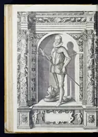 An illustration from Der aller durchleuchtigisten und grossmächtigen Kayser ... Königen und Ertzherzogen ... Fürsten wie auch Grafen, Herren vom Adel ... warhafftige Bildtnussen und kurtze Beschreibungen ihrer so wol in Fridts: als Kriegszzeiten verrichten fürnembsten Thaten und Handlungen : deren Waffen und Rüstungen ... fasst auss allen Landen der Welt ... unnd in der weytberühmbten Künstkammer ... in dem fürstlichen Schloss Ombrass, nit weyt von Inssprugg gelegen ... zu ewiger Gedächtnuss auffbehalten werden ... (1603)