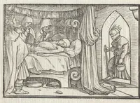 An illustration from Icones historiarvm Veteris Testamenti : ad viuum expressae, extremàque diligentia emendatiores factae : Gallicis in expositione homoeoteleutis, ac versuum ordinibus (qui priùs turbati, ac impares) suo numero restitutis (1547)