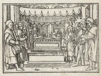 An illustration from Icones historiarvm Veteris Testamenti : ad viuum expressae, extremàque diligentia emendatiores factae : Gallicis in expositione homoeoteleutis, ac versuum ordinibus (qui priùs turbati, ac impares) suo numero restitutis (1547)