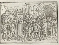 An illustration from Icones historiarvm Veteris Testamenti : ad viuum expressae, extremàque diligentia emendatiores factae : Gallicis in expositione homoeoteleutis, ac versuum ordinibus (qui priùs turbati, ac impares) suo numero restitutis (1547)