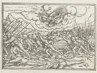 An illustration from Icones historiarvm Veteris Testamenti : ad viuum expressae, extremàque diligentia emendatiores factae : Gallicis in expositione homoeoteleutis, ac versuum ordinibus (qui priùs turbati, ac impares) suo numero restitutis (1547)