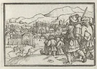 An illustration from Icones historiarvm Veteris Testamenti : ad viuum expressae, extremàque diligentia emendatiores factae : Gallicis in expositione homoeoteleutis, ac versuum ordinibus (qui priùs turbati, ac impares) suo numero restitutis (1547)
