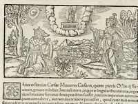 An illustration from Catalogvs annorvm et principvm siue monarcharvm mvndi geminvs : plerisqve in locis obscvrioribus illustratus & in caelebrioribus locupletatus atq[ue] à mendis, recognitione diligenti repurgatus : cum accessione multorum aliorum quae in priori aeditione non continebantur, quemadmodum suis locis toto libro uidere licebit, ab homine condito, usq[ue] in praesentem, à nato Christo, millesimum quingentesimum & quinquagesimum annum deductus & continuatus (1550)