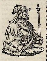An illustration from Catalogvs annorvm et principvm siue monarcharvm mvndi geminvs : plerisqve in locis obscvrioribus illustratus & in caelebrioribus locupletatus atq[ue] à mendis, recognitione diligenti repurgatus : cum accessione multorum aliorum quae in priori aeditione non continebantur, quemadmodum suis locis toto libro uidere licebit, ab homine condito, usq[ue] in praesentem, à nato Christo, millesimum quingentesimum & quinquagesimum annum deductus & continuatus (1550)