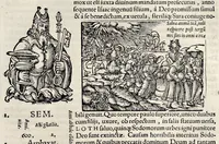 An illustration from Catalogvs annorvm et principvm siue monarcharvm mvndi geminvs : plerisqve in locis obscvrioribus illustratus & in caelebrioribus locupletatus atq[ue] à mendis, recognitione diligenti repurgatus : cum accessione multorum aliorum quae in priori aeditione non continebantur, quemadmodum suis locis toto libro uidere licebit, ab homine condito, usq[ue] in praesentem, à nato Christo, millesimum quingentesimum & quinquagesimum annum deductus & continuatus (1550)