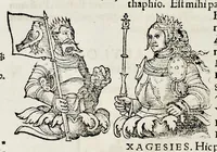 An illustration from Catalogvs annorvm et principvm siue monarcharvm mvndi geminvs : plerisqve in locis obscvrioribus illustratus & in caelebrioribus locupletatus atq[ue] à mendis, recognitione diligenti repurgatus : cum accessione multorum aliorum quae in priori aeditione non continebantur, quemadmodum suis locis toto libro uidere licebit, ab homine condito, usq[ue] in praesentem, à nato Christo, millesimum quingentesimum & quinquagesimum annum deductus & continuatus (1550)