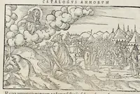 An illustration from Catalogvs annorvm et principvm siue monarcharvm mvndi geminvs : plerisqve in locis obscvrioribus illustratus & in caelebrioribus locupletatus atq[ue] à mendis, recognitione diligenti repurgatus : cum accessione multorum aliorum quae in priori aeditione non continebantur, quemadmodum suis locis toto libro uidere licebit, ab homine condito, usq[ue] in praesentem, à nato Christo, millesimum quingentesimum & quinquagesimum annum deductus & continuatus (1550)
