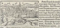 An illustration from Catalogvs annorvm et principvm siue monarcharvm mvndi geminvs : plerisqve in locis obscvrioribus illustratus & in caelebrioribus locupletatus atq[ue] à mendis, recognitione diligenti repurgatus : cum accessione multorum aliorum quae in priori aeditione non continebantur, quemadmodum suis locis toto libro uidere licebit, ab homine condito, usq[ue] in praesentem, à nato Christo, millesimum quingentesimum & quinquagesimum annum deductus & continuatus (1550)