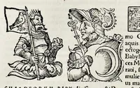 An illustration from Catalogvs annorvm et principvm siue monarcharvm mvndi geminvs : plerisqve in locis obscvrioribus illustratus & in caelebrioribus locupletatus atq[ue] à mendis, recognitione diligenti repurgatus : cum accessione multorum aliorum quae in priori aeditione non continebantur, quemadmodum suis locis toto libro uidere licebit, ab homine condito, usq[ue] in praesentem, à nato Christo, millesimum quingentesimum & quinquagesimum annum deductus & continuatus (1550)