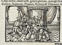 An illustration from Catalogvs annorvm et principvm siue monarcharvm mvndi geminvs : plerisqve in locis obscvrioribus illustratus & in caelebrioribus locupletatus atq[ue] à mendis, recognitione diligenti repurgatus : cum accessione multorum aliorum quae in priori aeditione non continebantur, quemadmodum suis locis toto libro uidere licebit, ab homine condito, usq[ue] in praesentem, à nato Christo, millesimum quingentesimum & quinquagesimum annum deductus & continuatus (1550)