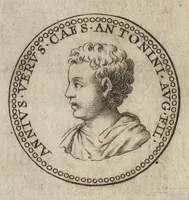 An illustration from Selecti nummi duo Antoniniani, quorum primus anni noui auspicia, alter Commodum et Annium Verum caesares exhibet : ex bibliotheca eminentisss. principis Camilli Cardinalis Maximi (1676)