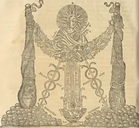 An illustration from Athanasii Kircheri e Soc. Iesu Obeliscus Pamphilius, hoc est, Interpretatio noua & hucusque intentata obelisci hieroglyphici quem non ita pridem ex veteri hippodromo Antonini Caracallae Caesaris, in agonale forum transtulit, integritati restituit & in Vbis Aeternae ornamentum erexit Innocentius X. Pont. Max. : in quo post varia Aegyptiacae, Chaldaicae, Hebraicae, Graecanicae antiquitatis doctrinaeque qua sacrae, qua profanae monumenta, veterum tandem theologia, hieroglyphicis inuoluta symbolis, detecta e tenebris in lucem asseritur (1650)