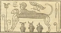 An illustration from Athanasii Kircheri e Soc. Iesu Obeliscus Pamphilius, hoc est, Interpretatio noua & hucusque intentata obelisci hieroglyphici quem non ita pridem ex veteri hippodromo Antonini Caracallae Caesaris, in agonale forum transtulit, integritati restituit & in Vbis Aeternae ornamentum erexit Innocentius X. Pont. Max. : in quo post varia Aegyptiacae, Chaldaicae, Hebraicae, Graecanicae antiquitatis doctrinaeque qua sacrae, qua profanae monumenta, veterum tandem theologia, hieroglyphicis inuoluta symbolis, detecta e tenebris in lucem asseritur (1650)