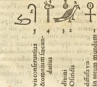 An illustration from Athanasii Kircheri e Soc. Iesu Obeliscus Pamphilius, hoc est, Interpretatio noua & hucusque intentata obelisci hieroglyphici quem non ita pridem ex veteri hippodromo Antonini Caracallae Caesaris, in agonale forum transtulit, integritati restituit & in Vbis Aeternae ornamentum erexit Innocentius X. Pont. Max. : in quo post varia Aegyptiacae, Chaldaicae, Hebraicae, Graecanicae antiquitatis doctrinaeque qua sacrae, qua profanae monumenta, veterum tandem theologia, hieroglyphicis inuoluta symbolis, detecta e tenebris in lucem asseritur (1650)